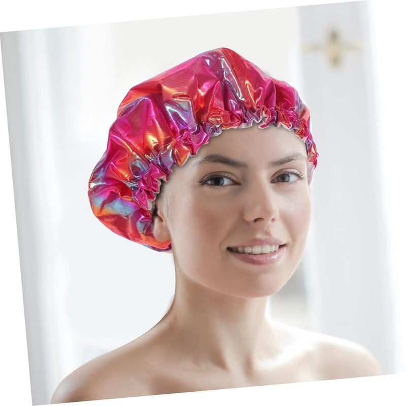 Double Layer Shower Cap for Long Hair Reusable Bathing Hat with Elastic Band Rainbow Light Color - Image 3